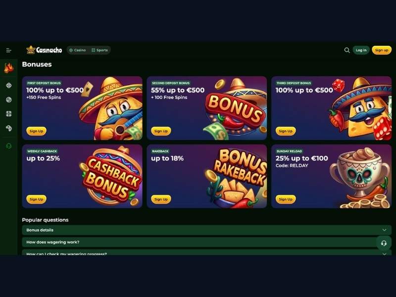 Boni Casinacho Casino (Nacho Casino): Willkommenspaket, Cashback und welche Spielformate mit dem Bonus kompatibel sind